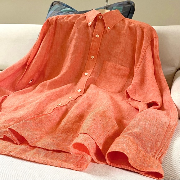 BROOKS BROTHERS 346 MEN’S 100% LINEN SHIRT ORANGE SIZE LARGE - Picture 10 of 15